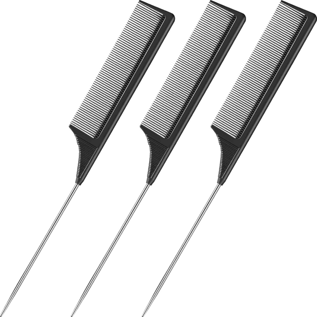 3 Peines De Cola De Rata Peines De Resistentes Al Calor De Fibra De Carbono Con Pintail De Acero Inoxidable (Negro)